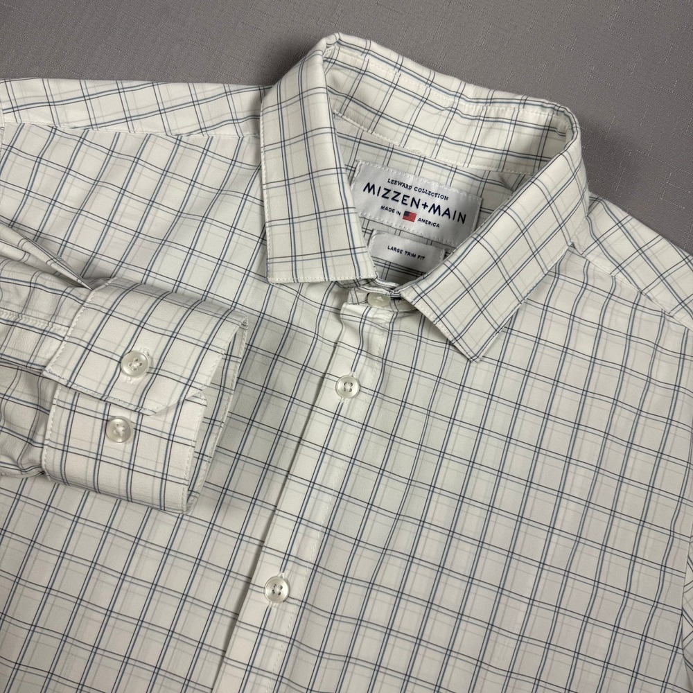 Mizzen+Main Leeward Collection Dress Shirt Large Trim Fit White Blue Grid Check